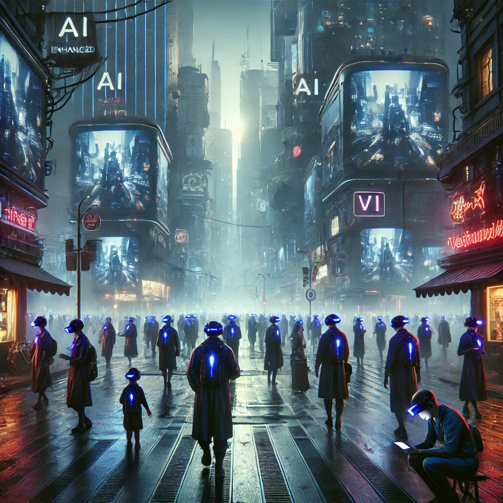 Dall·e 2024 07 25 14.49.38 A Dystopian Scene Where People Are Immersed In A Virtual Reality World Through Ai Enhanced Vr Headsets. The Environment Is A Dark, Futuristic City Wit