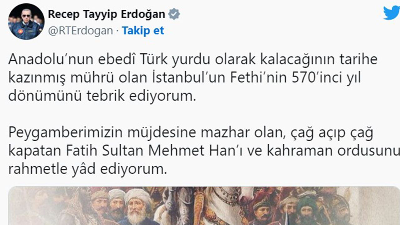 Cumhurbaşkanı Erdoğan'dan 'İstanbul'un Fethi' mesajı